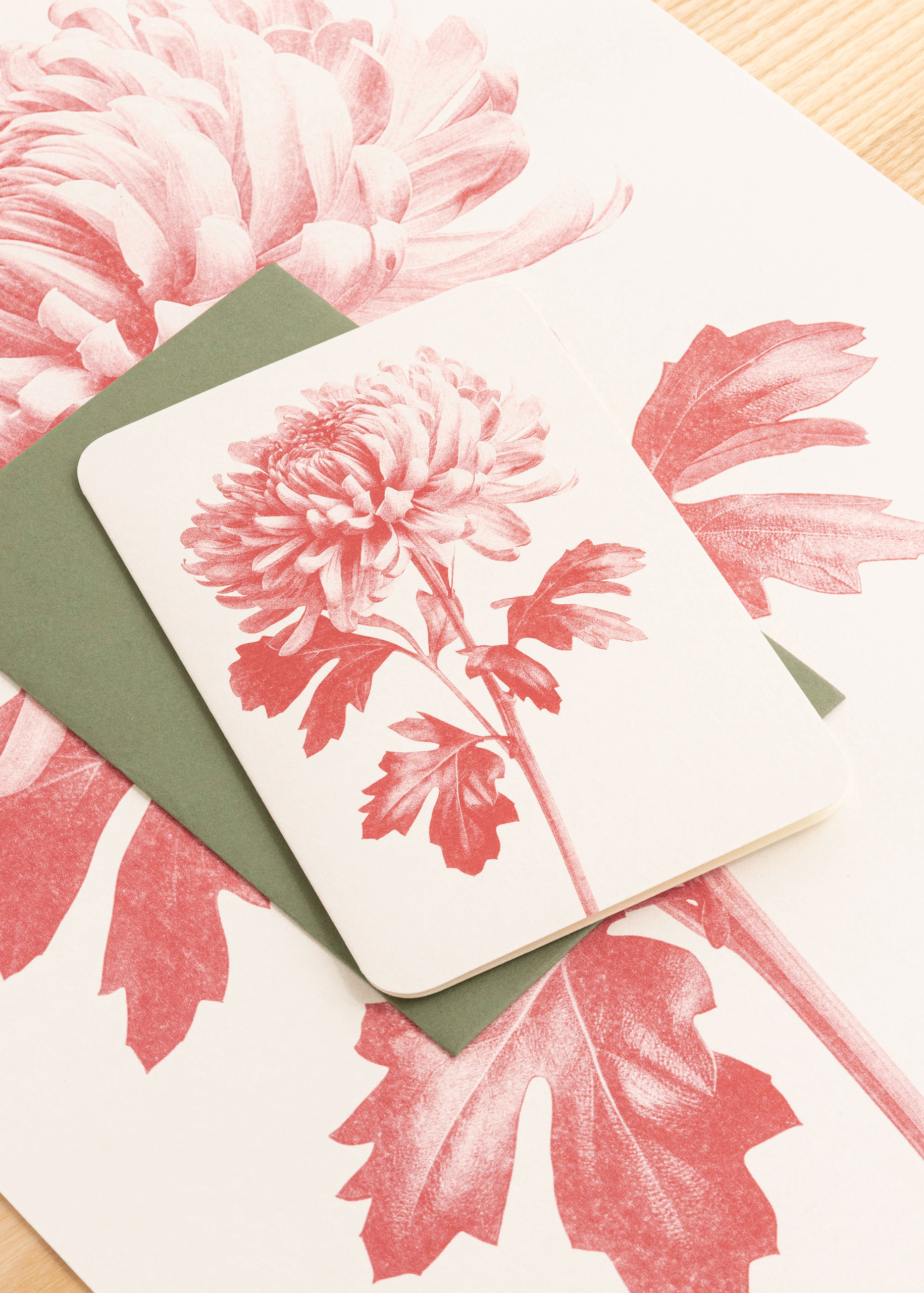 Chrysanthemum Mono Bright Red Risograph Greetings Card