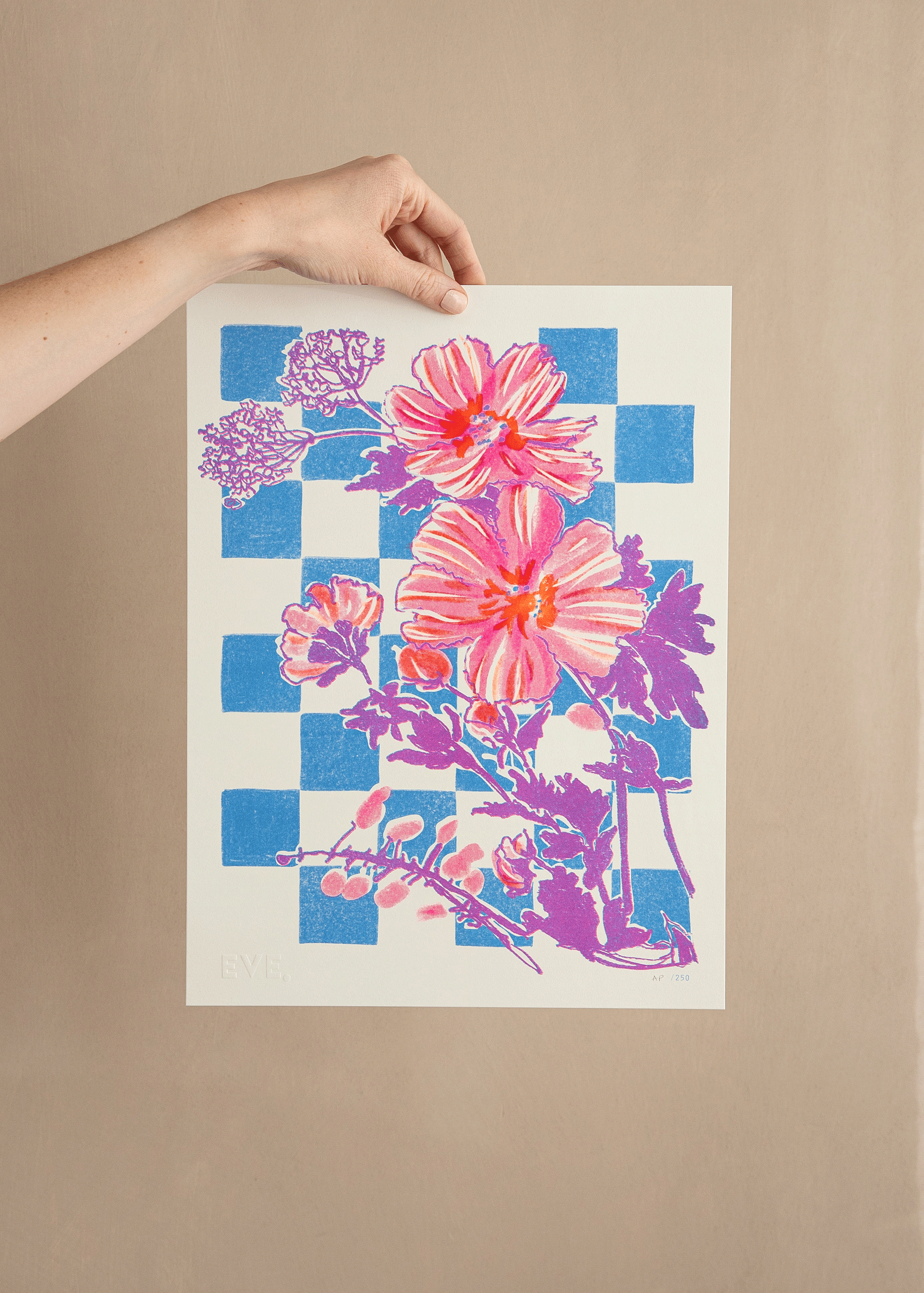 Flowers on Checks Risograph Print