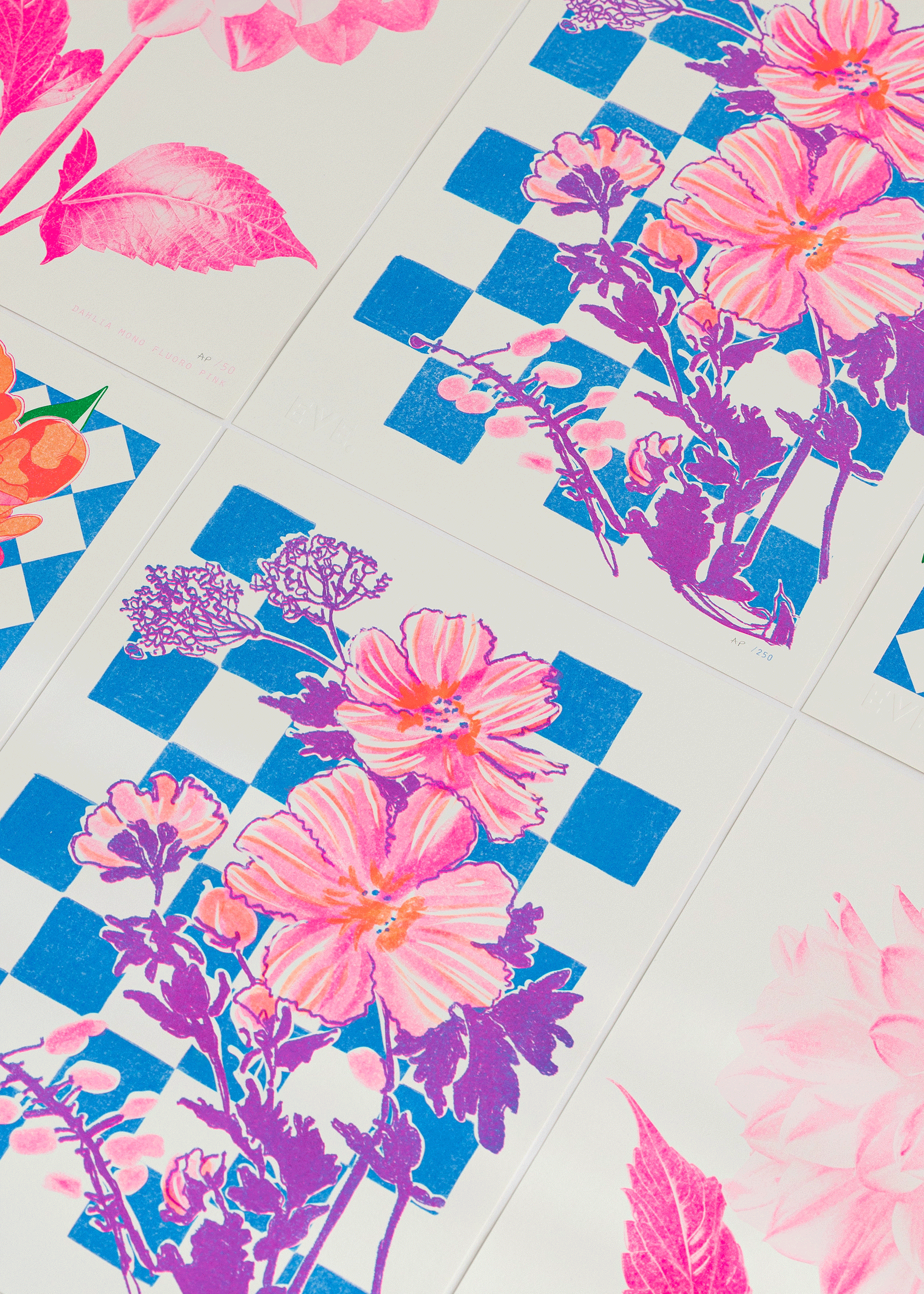 Flowers on Checks Risograph Print