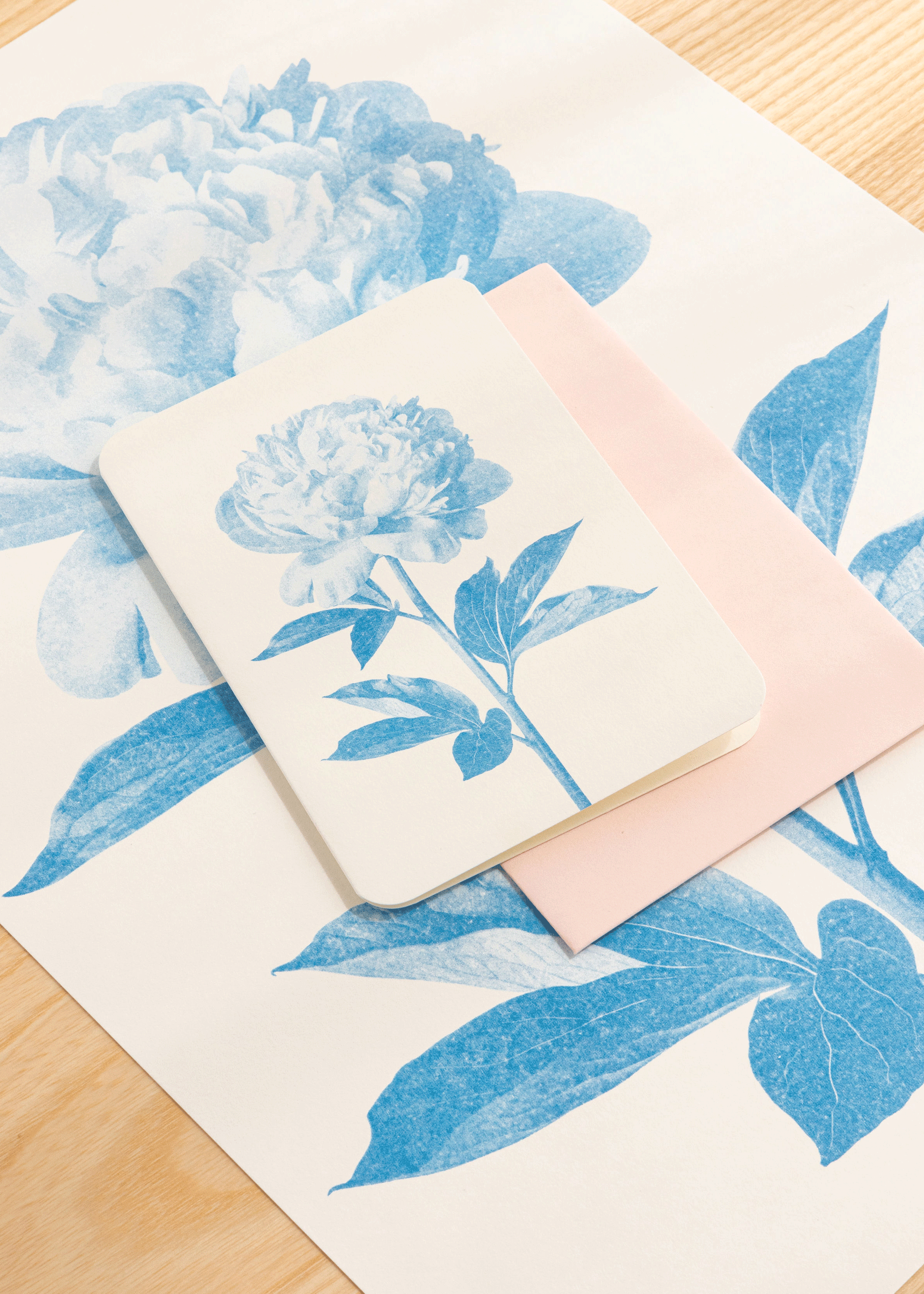 Peony Mono Cornflower Blue Risograph Greetings Card