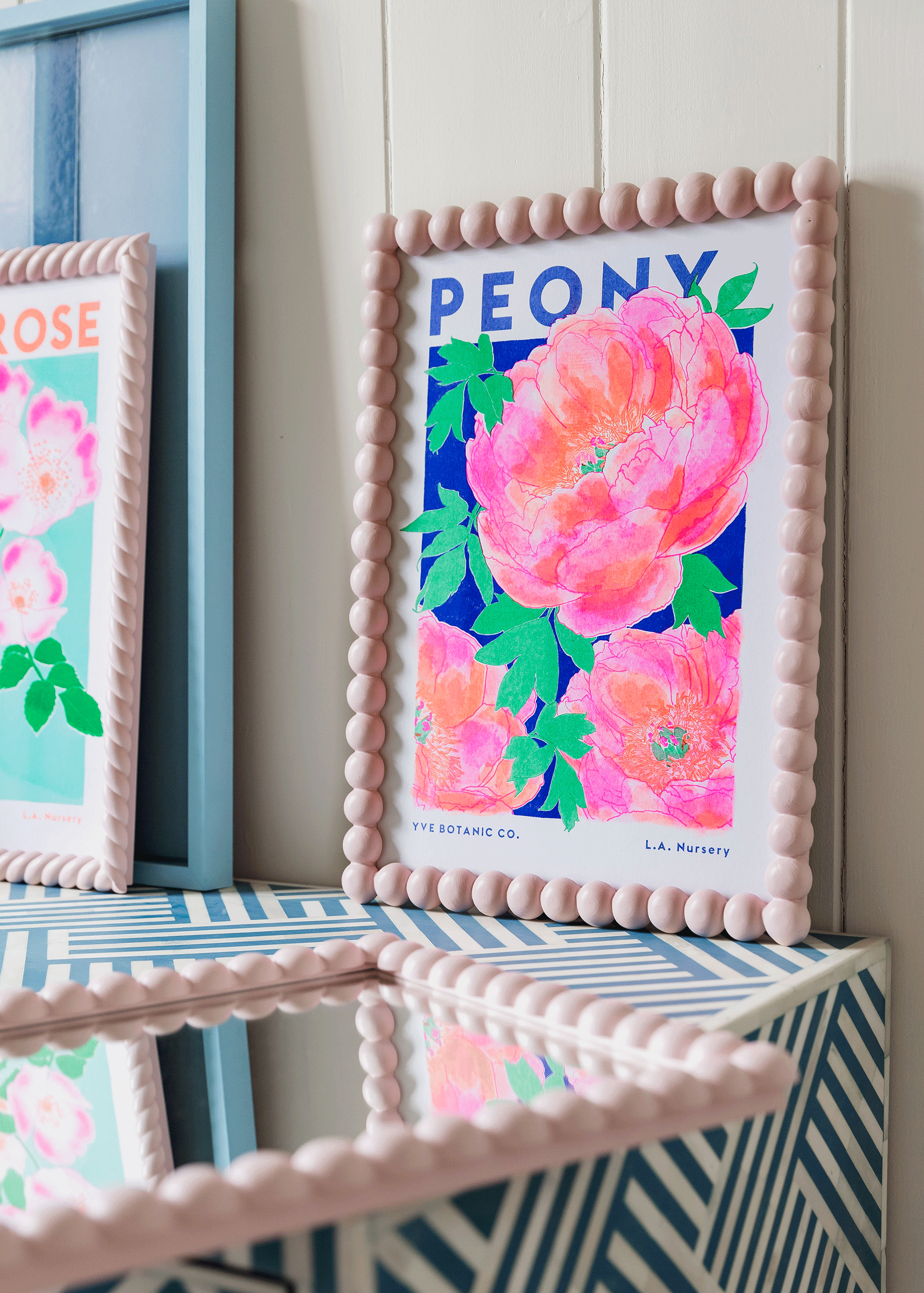 peony risograph print in bobbin frame