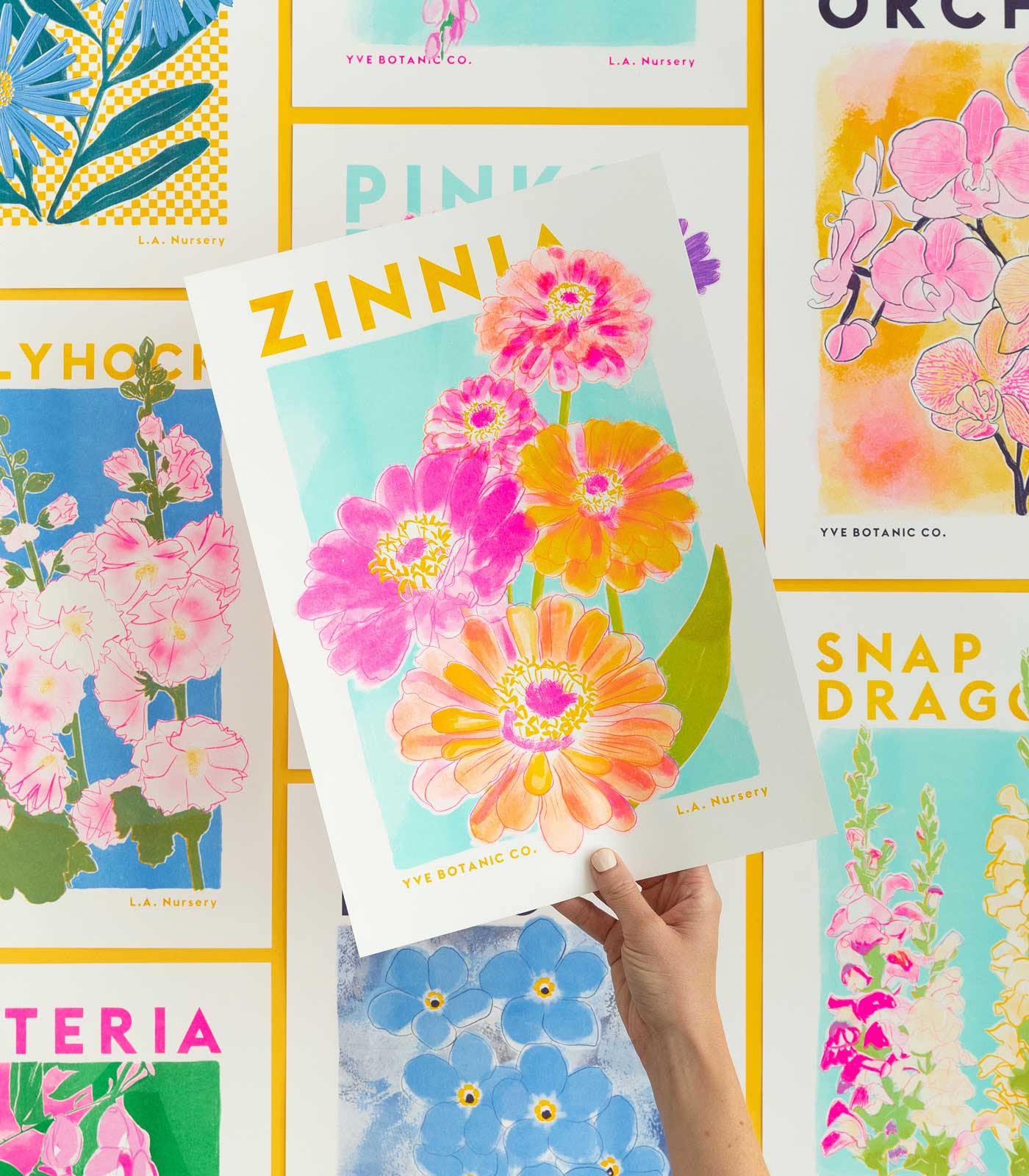Zinnia Flower Risograph Print